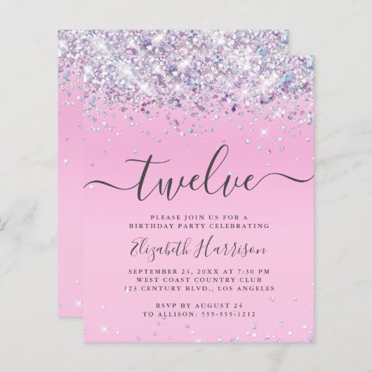 予算グリッター12th誕生日パーティーへの招待 (正面/裏面)