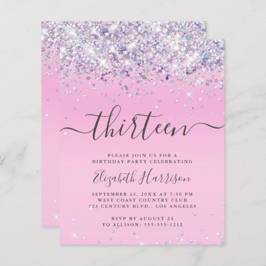 予算グリッター13th誕生日パーティーへの招待 (正面/裏面)