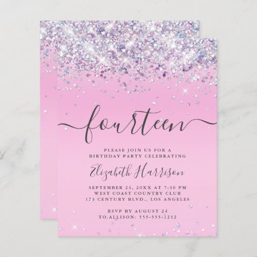 予算グリッター14th Birthday Partyへの招待 (正面/裏面)