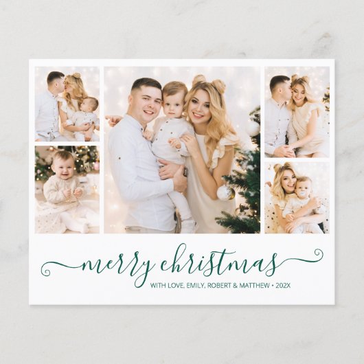 予算グリーンスクリプト5フォトコラージクリスマスカード (正面)