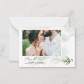 予算グリーンユーカリ結婚式の日付を保存 ノートカード (正面)