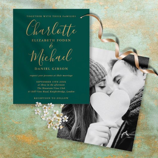 予算グリーン金ゴールドスクリプトフォト結婚式招待状