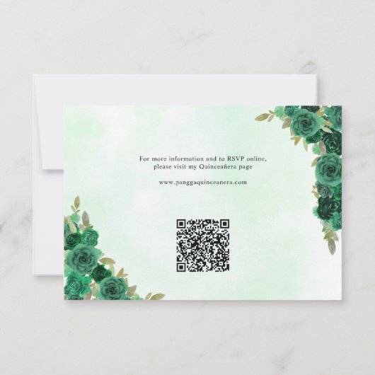 予算グリーン金ゴールドフローラプリンセスQRコードRSVP ノートカード (裏面)