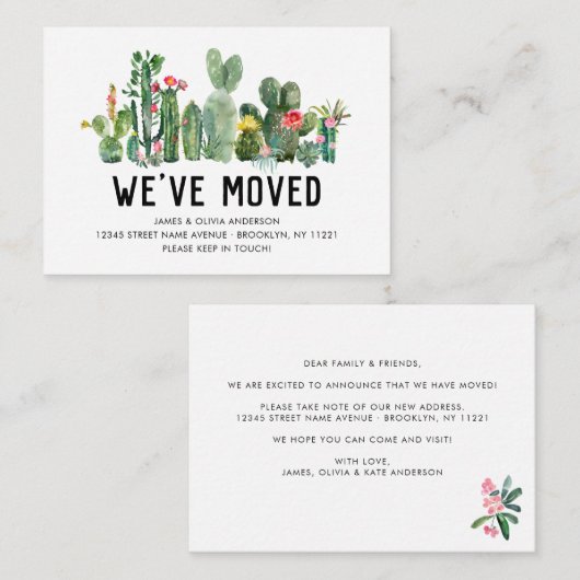 予算サボテン引っ越しましたホームの移動発表 ノートカード (正面/裏面)