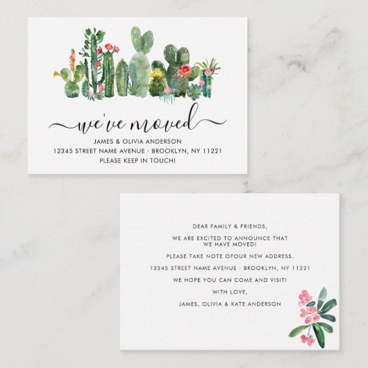 予算サボテン引っ越しました新規ホーム移動カード ノートカード (正面/裏面)