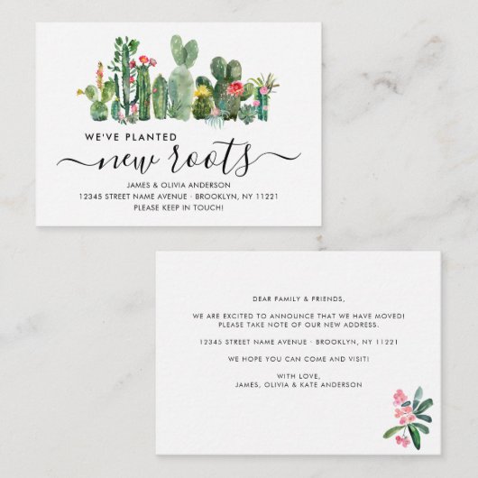 予算サボテン植え新しいルーツ移動カード ノートカード (正面/裏面)