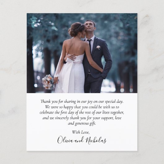 予算シックなスクリプト結婚写真のサンキューカード (裏面)