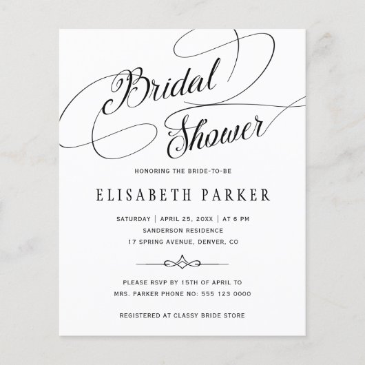 予算シックな書道のブライダルシャワーの招待 (正面)