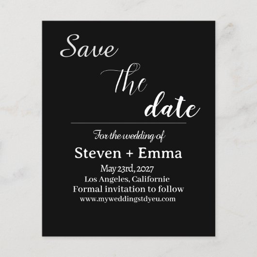 予算シックな黒と白の結婚式の日付を保存 チラシ (正面)