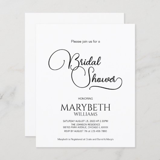 予算シンプルのエレガントブライダルシャワー (正面/裏面)