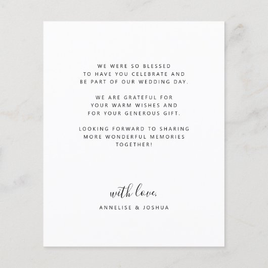 予算シンプルのスクリプ結婚ト写真のサンキューカード チラシ (裏面)