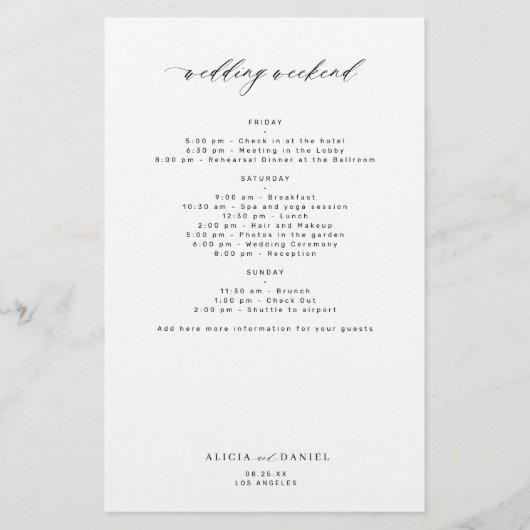 予算シンプルの結婚週末の旅程テンプレート チラシ (正面)