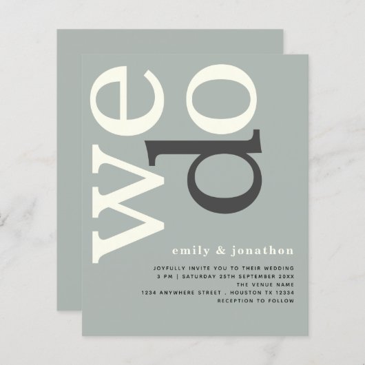 予算シンプルアイボリーセージ文字結婚式の招待 (正面/裏面)