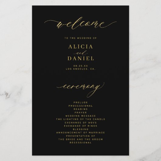 予算シンプルスクリプト金ゴールドブラックウェディングプログラム チラシ (正面)