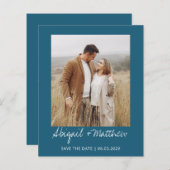 予算シンプルティール（緑がかった色）保存日付招待状 (正面/裏面)