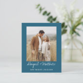 予算シンプルティール（緑がかった色）保存日付招待状 (スタンド正面)