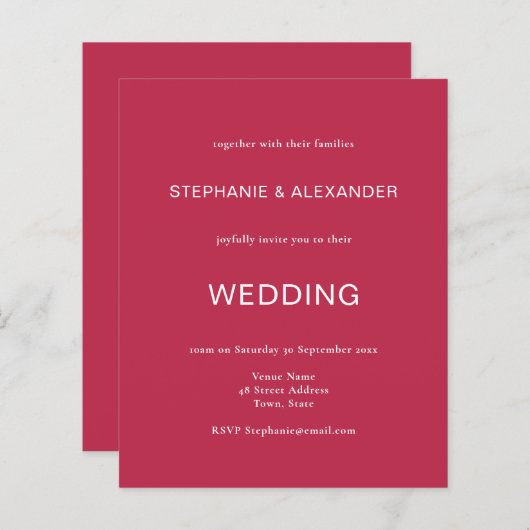 予算シンプルマゼンタQRコード結婚式招待状 (正面/裏面)