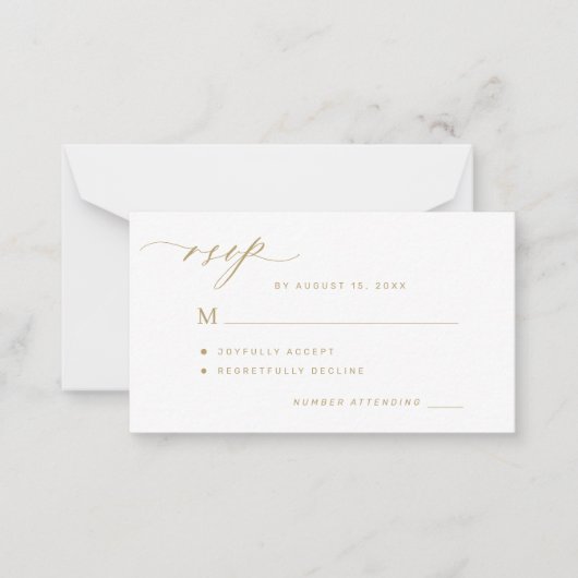 予算シンプルミニマル金ゴールドスクリプト結婚式RSVP ノートカード (正面)