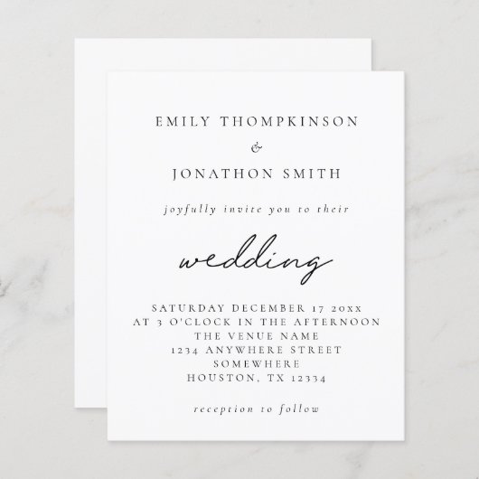 予算シンプル任意の色スクリプト結婚式招待状 (正面/裏面)