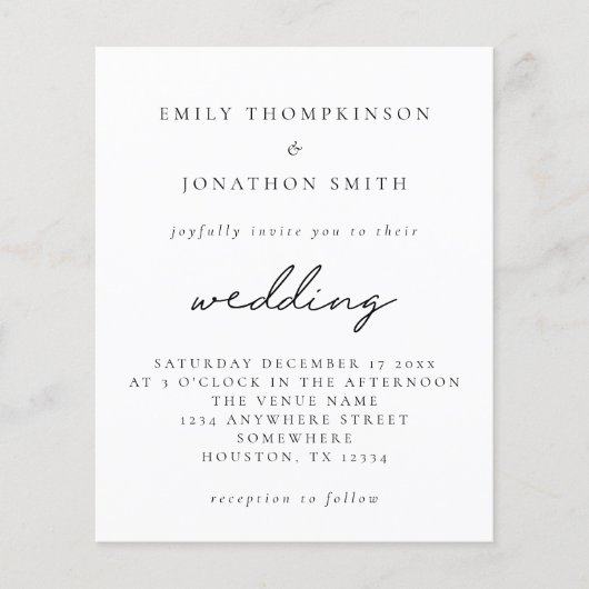 予算シンプル任意の色スクリプト結婚式招待状 (正面)