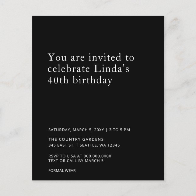 予算シンプル写真任意の年の誕生日招待状 (正面)