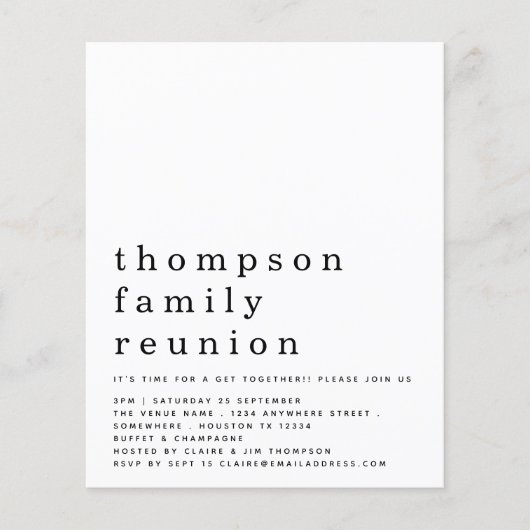 予算シンプル文字ファミリ懇親会パーティー招待状 (正面)