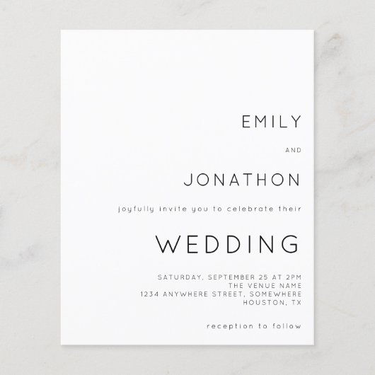 予算シンプル文字白黒結婚式招待状 (正面)