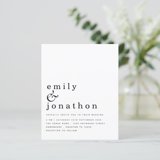 予算シンプル文字白黒結婚式招待状 (スタンド正面)