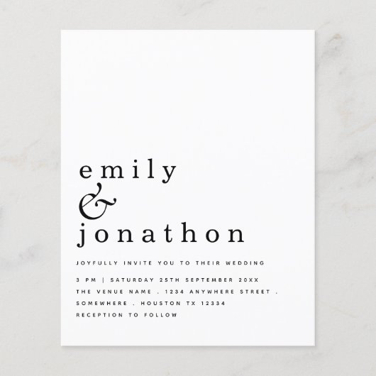 予算シンプル文字白黒結婚式招待状 (正面)