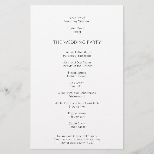 予算シンプル文字白黒結婚式 プログラム (裏面)