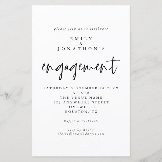 予算シンプル白黒スクリプト婚約招待状 (正面)