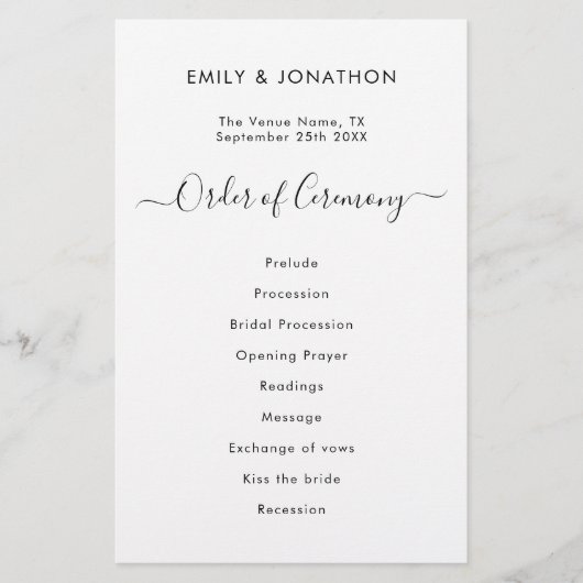 予算シンプル白黒スクリプト結婚式 プログラム (正面)