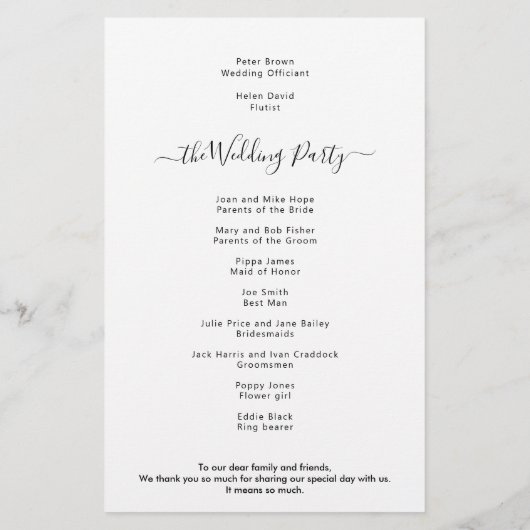 予算シンプル白黒スクリプト結婚式 プログラム (裏面)