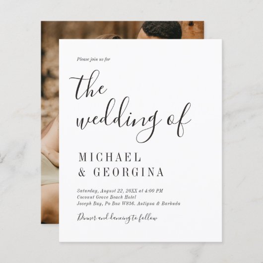 予算シンプル白黒フォト結婚式招待状 (正面/裏面)