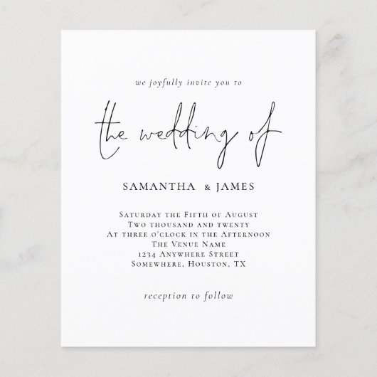 予算シンプル白黒結婚式招待状 (正面)