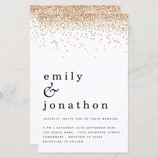 予算シンプル金ゴールドグリッター結婚式招待状 (正面/裏面)