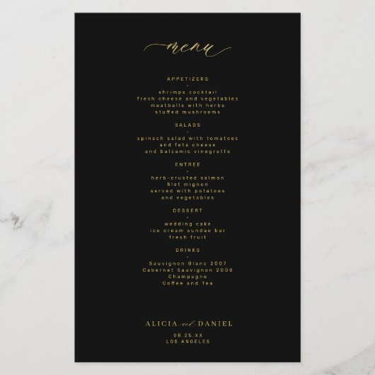 予算シンプル金ゴールドスクリプ結婚ト黒のメニュー (正面)