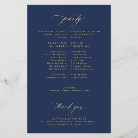 予算シンプル金ゴールドネイビー結婚式プログラム チラシ (裏面)