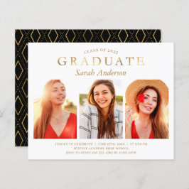 予算シンプル金ゴールド3写真卒業招待状