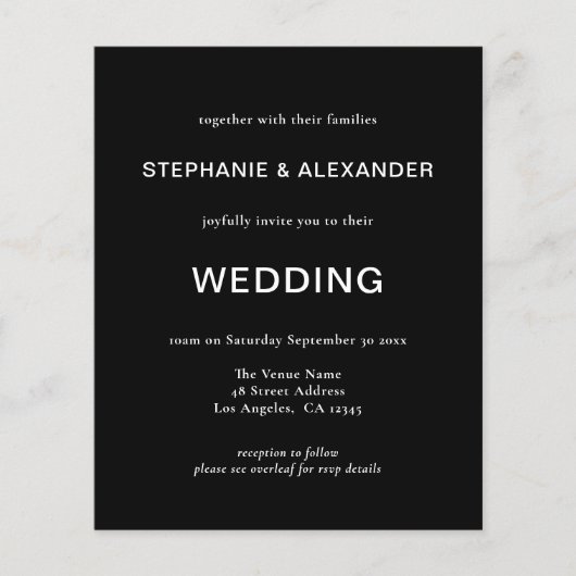 予算シンプルQRコードブラック結婚式招待状 (正面)