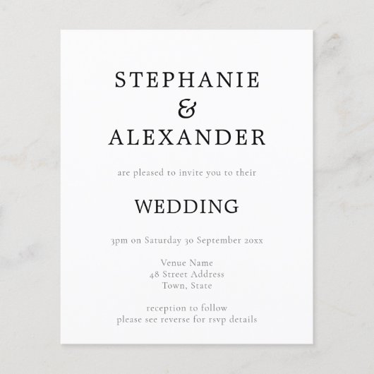 予算シンプルQRコード白黒結婚式の招待 (正面)