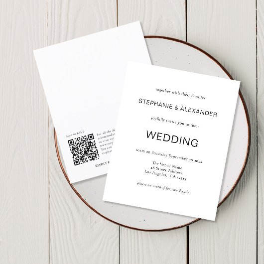予算シンプルQRコード白黒結婚式の招待