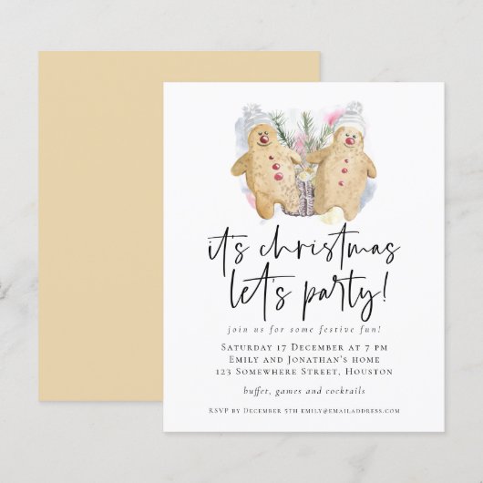 予算ジンジャーブレッドマンクリスマスプレゼントパーティー招待状 (正面/裏面)