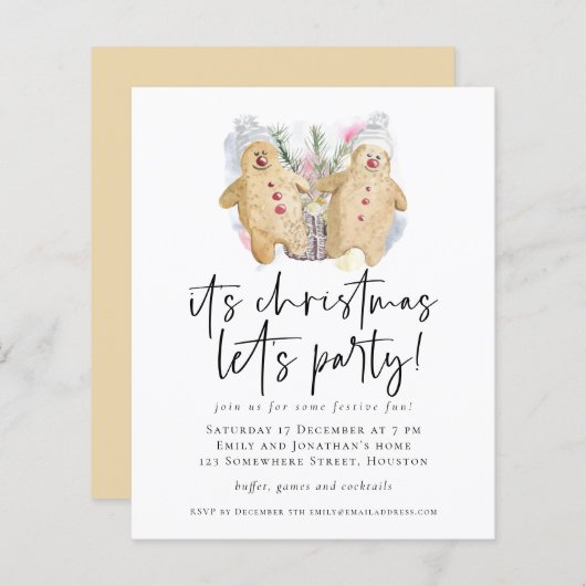 予算ジンジャーブレッドマンクリスマスプレゼントパーティー招待状 (正面/裏面)