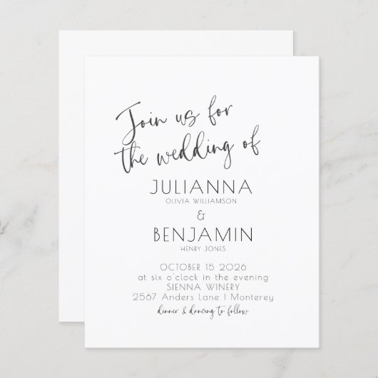 予算スクミニマルリプト白黒結婚式の招待 (正面/裏面)