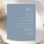 予算スクモダンリプトのダスティブルー結婚のメニュー<br><div class="desc">このシンプルメモダンニューは白い文字を背景に埃っぽい青い背景を特徴としている。手書き書に「メニュー」というスタイリッシュ言葉が現れる。sans serifフォントのメニュ結婚ー詳細と一緒に、スクリプトと斜体でカップルの名前と日付を追加する。反対側は埃っぽい青のマッチングシ無地のェード。</div>