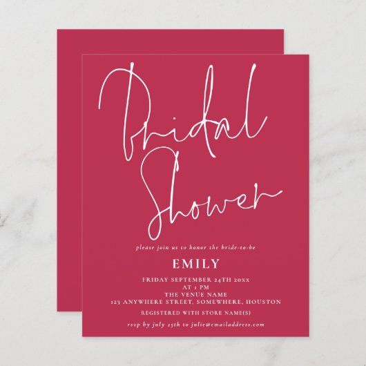 予算スクリプエレガントトのマゼンタブライダルシャワー招待状 (正面/裏面)