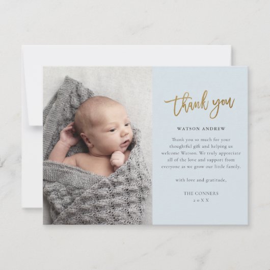 予算スクリプトフォト男の赤ちゃんサンキューカード サンキューカード (正面)