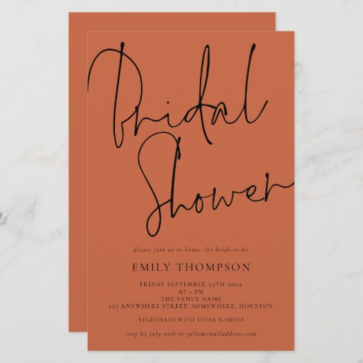 予算スクリプトブライダルシャワーテラコッタ招待状 (正面/裏面)