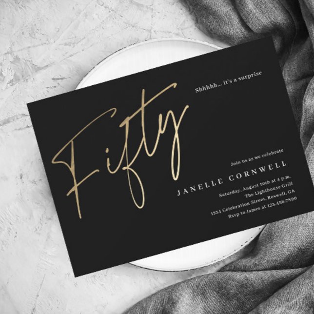 予算スクリプトブラック金ゴールド50番目の誕生日招待状 (クリエイターアップロード済み)